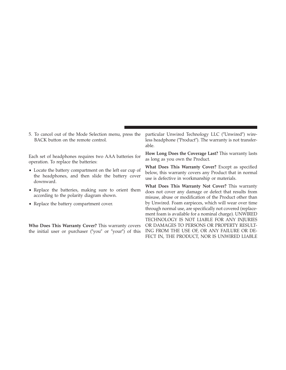 Replacing the headphone batteries, Unwired® stereo headphone lifetime limited, Warranty | Dodge 2014 Durango - Owner Manual User Manual | Page 374 / 664
