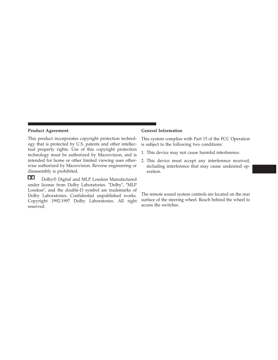 Product agreement, Steering wheel audio controls — if equipped, Steering wheel audio controls — if | Equipped | Dodge 2014 Durango - Owner Manual User Manual | Page 381 / 664