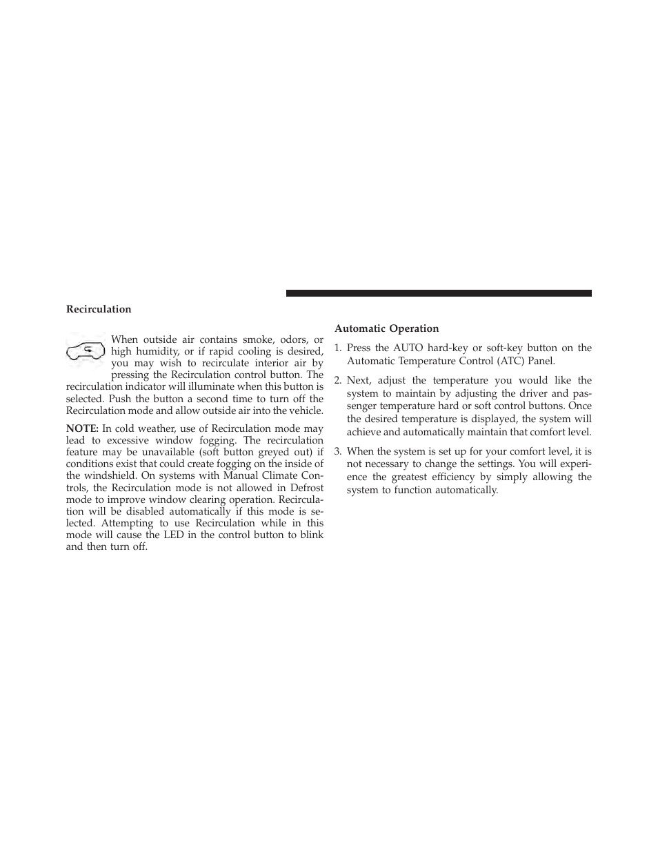 Recirculation, Automatic temperature control (atc), Automatic operation | Dodge 2014 Durango - Owner Manual User Manual | Page 392 / 664