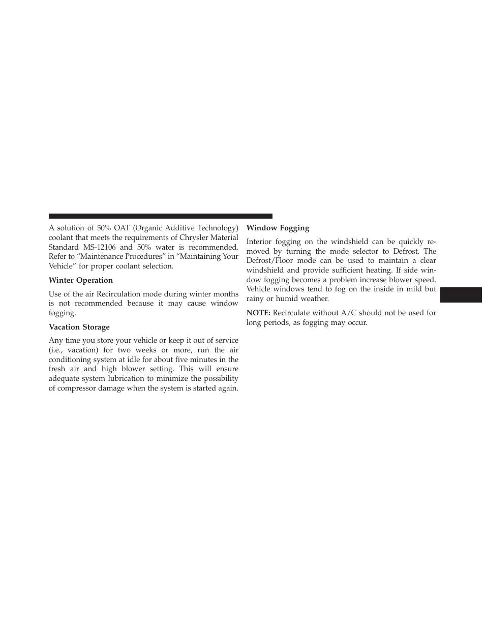 Winter operation, Vacation storage, Window fogging | Dodge 2014 Durango - Owner Manual User Manual | Page 399 / 664