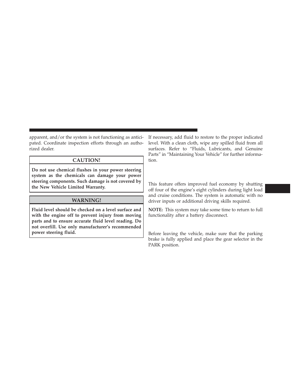 Parking brake, Fuel saver technology 5.7l engine only, If equipped | Dodge 2014 Durango - Owner Manual User Manual | Page 441 / 664