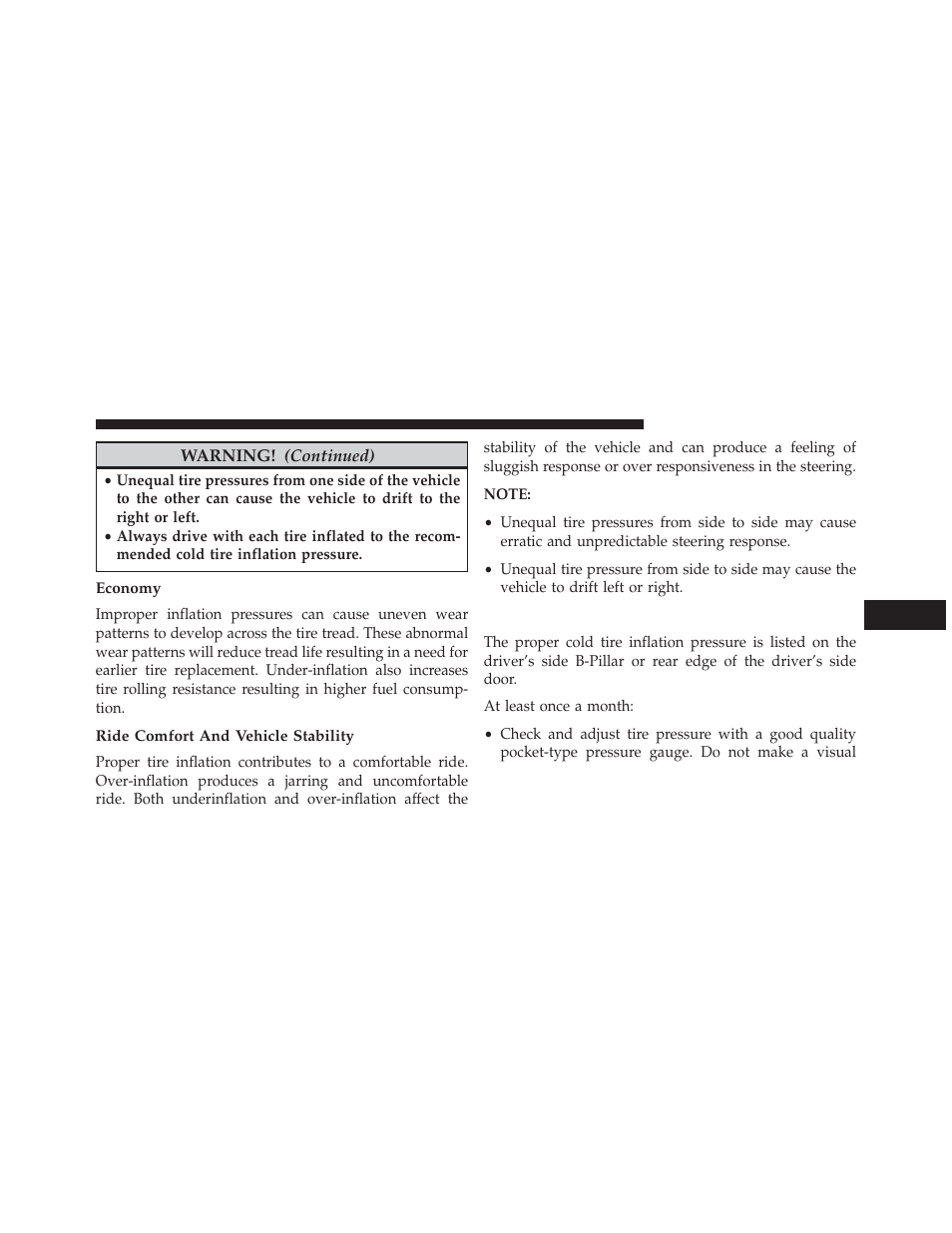 Economy, Ride comfort and vehicle stability, Tire inflation pressures | Dodge 2014 Durango - Owner Manual User Manual | Page 467 / 664