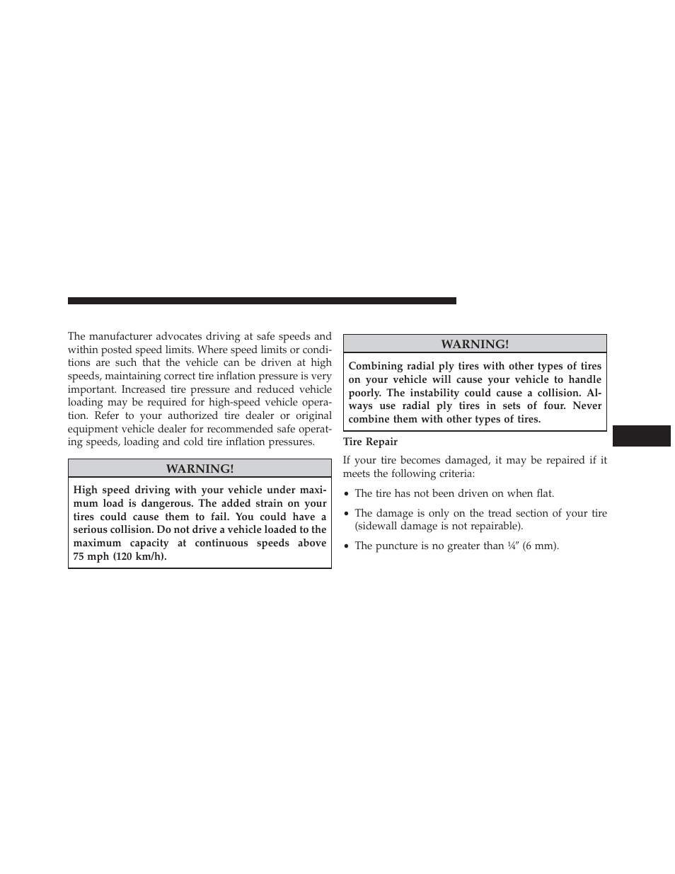 Tire pressures for high speed operation, Radial ply tires | Dodge 2014 Durango - Owner Manual User Manual | Page 469 / 664