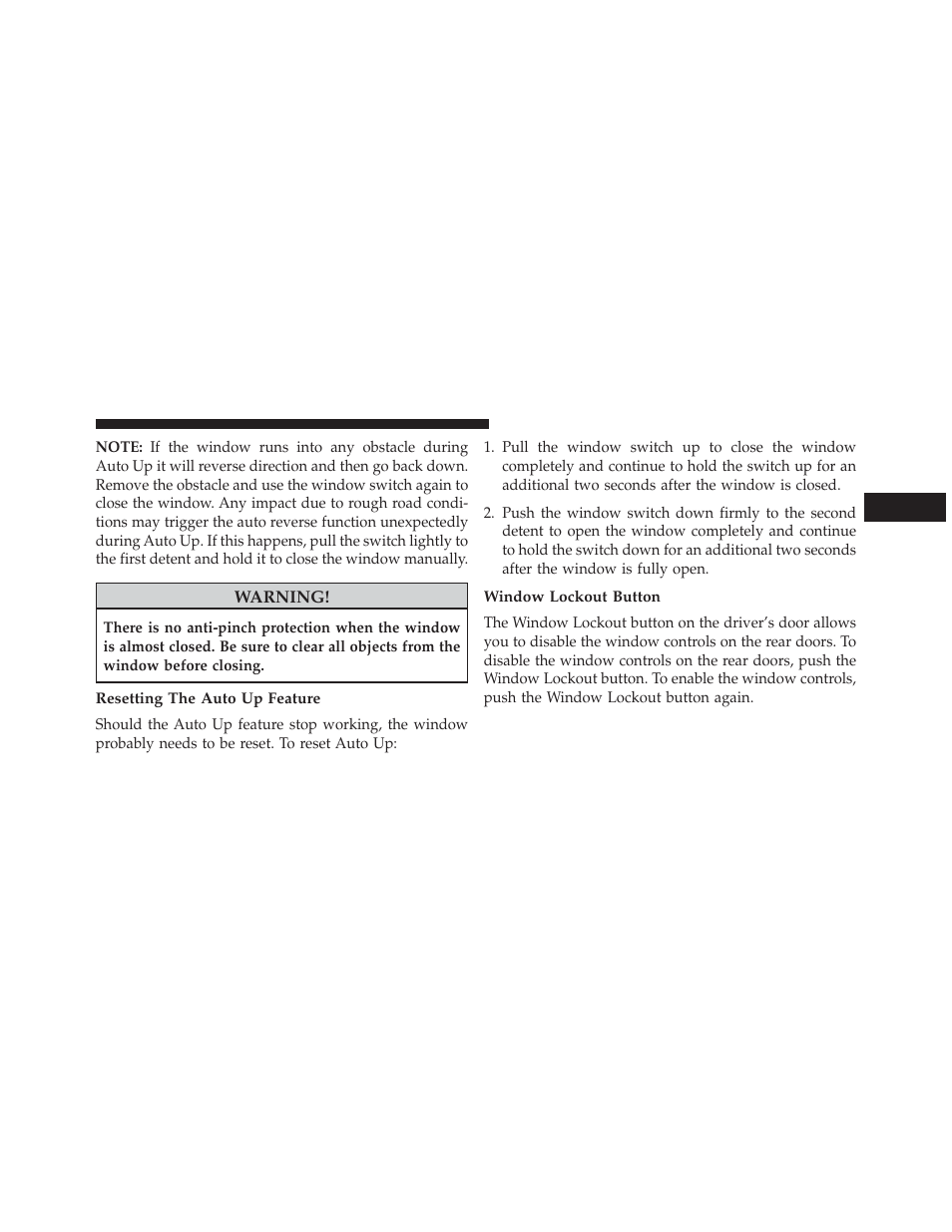 Resetting the auto up feature, Window lockout button | Dodge 2014 Durango - Owner Manual User Manual | Page 47 / 664