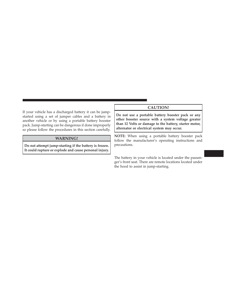 Jump-starting, Preparations for jump-start | Dodge 2014 Durango - Owner Manual User Manual | Page 547 / 664