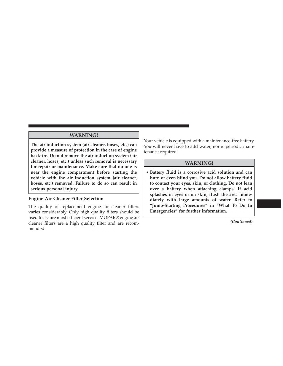 Engine air cleaner filter selection, Maintenance-free battery | Dodge 2014 Durango - Owner Manual User Manual | Page 573 / 664
