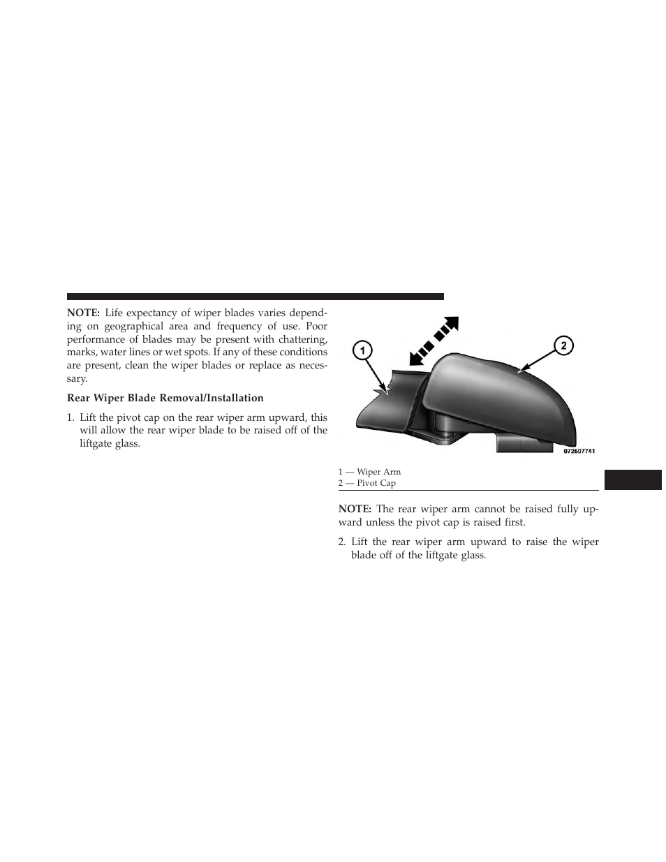 Rear wiper blade removal/installation | Dodge 2014 Durango - Owner Manual User Manual | Page 581 / 664
