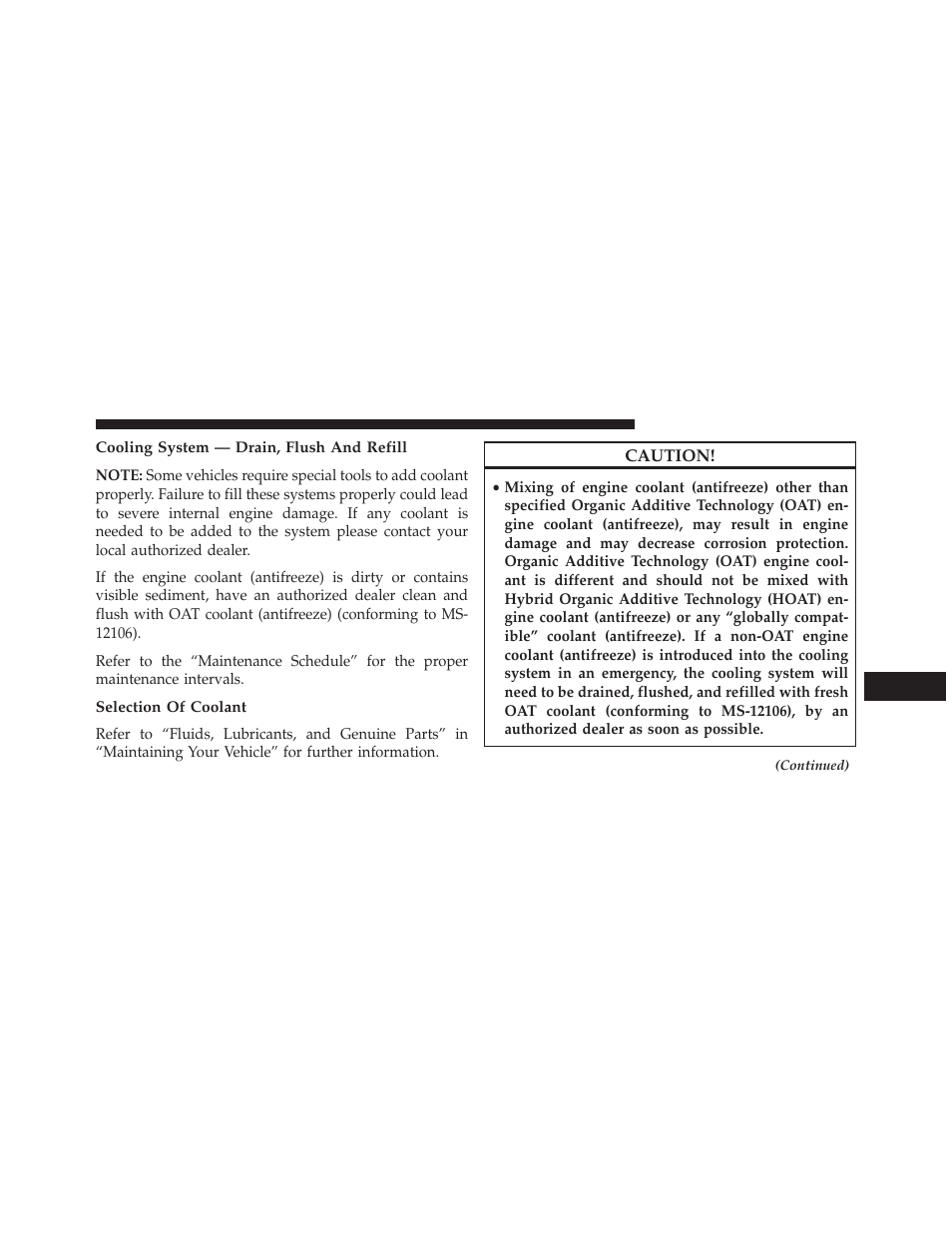 Cooling system — drain, flush and refill, Selection of coolant | Dodge 2014 Durango - Owner Manual User Manual | Page 587 / 664