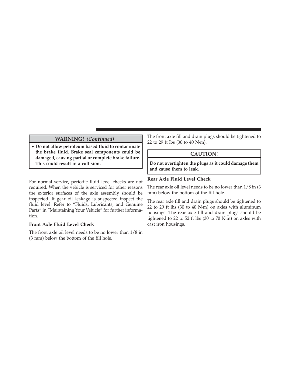 Front/rear axle fluid, Front axle fluid level check, Rear axle fluid level check | Dodge 2014 Durango - Owner Manual User Manual | Page 594 / 664