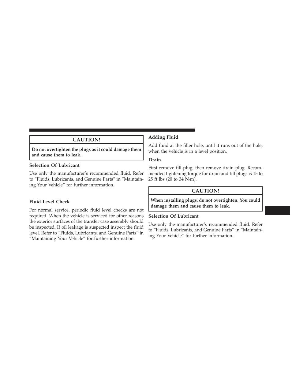Selection of lubricant, Transfer case, Fluid level check | Adding fluid, Drain | Dodge 2014 Durango - Owner Manual User Manual | Page 595 / 664