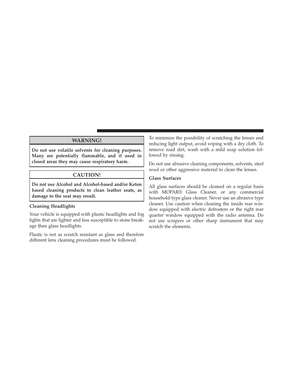 Cleaning headlights, Glass surfaces | Dodge 2014 Durango - Owner Manual User Manual | Page 602 / 664