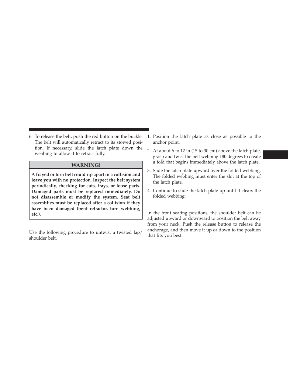 Lap/shoulder belt untwisting procedure, Adjustable upper shoulder belt anchorage | Dodge 2014 Durango - Owner Manual User Manual | Page 61 / 664