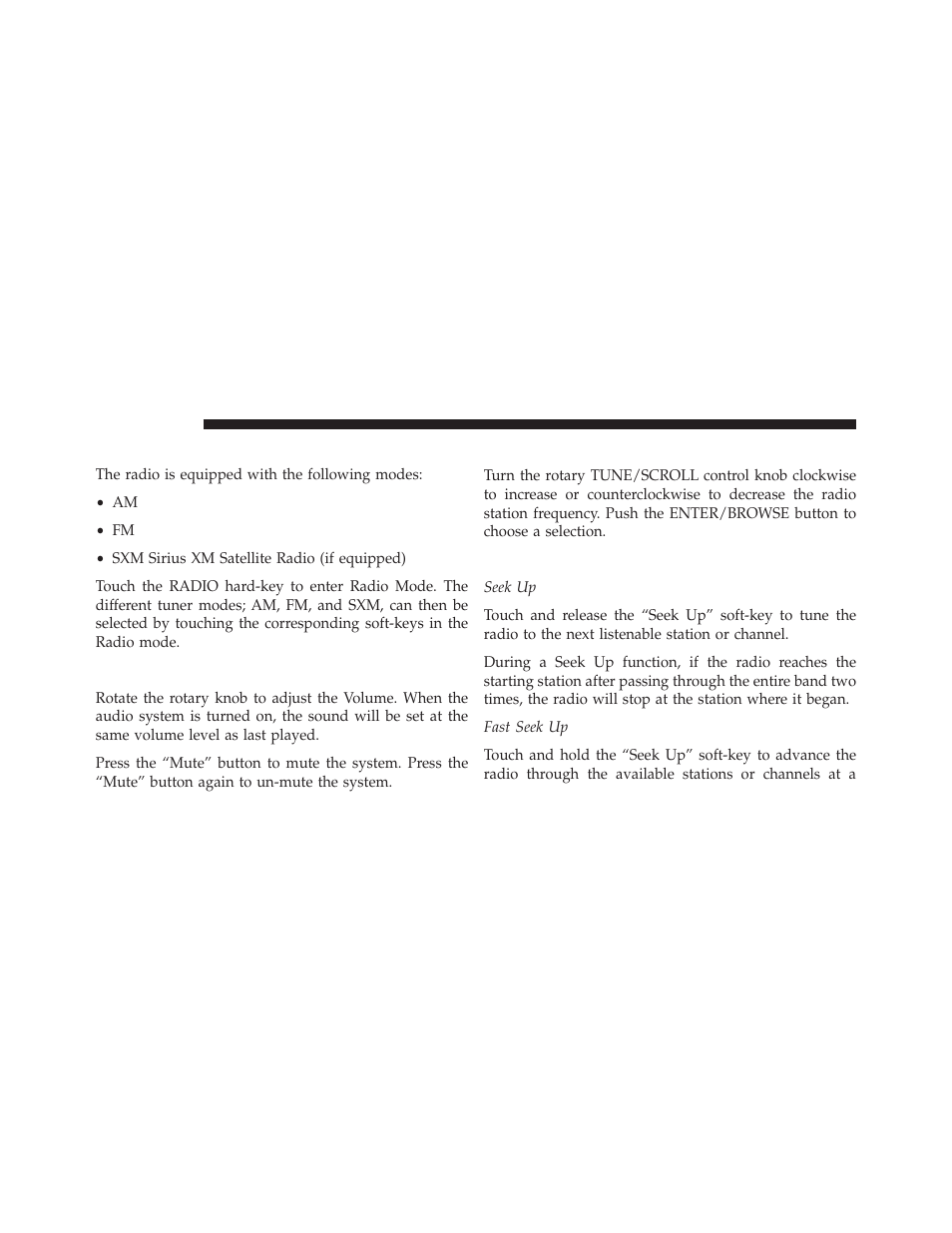 Radio mode, Volume & mute, Enter/browse & tune/scroll control | Seek functions | Ram Trucks uconnect 5.0 for Chrysler User Manual | Page 9 / 45