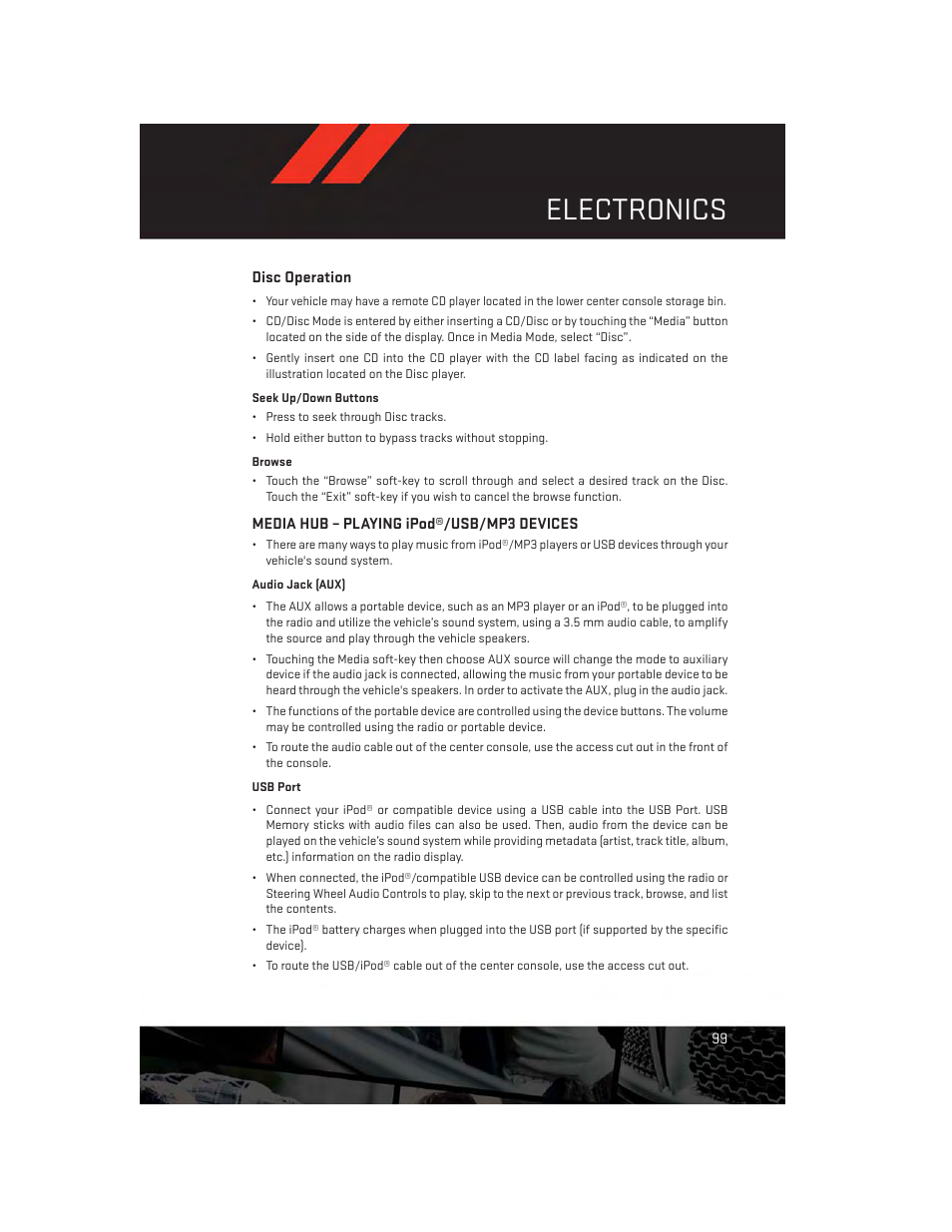 Disc operation, Media hub – playing ipod®/usb/mp3 devices, Electronics | Dodge 2014 Durango - User Guide User Manual | Page 101 / 188