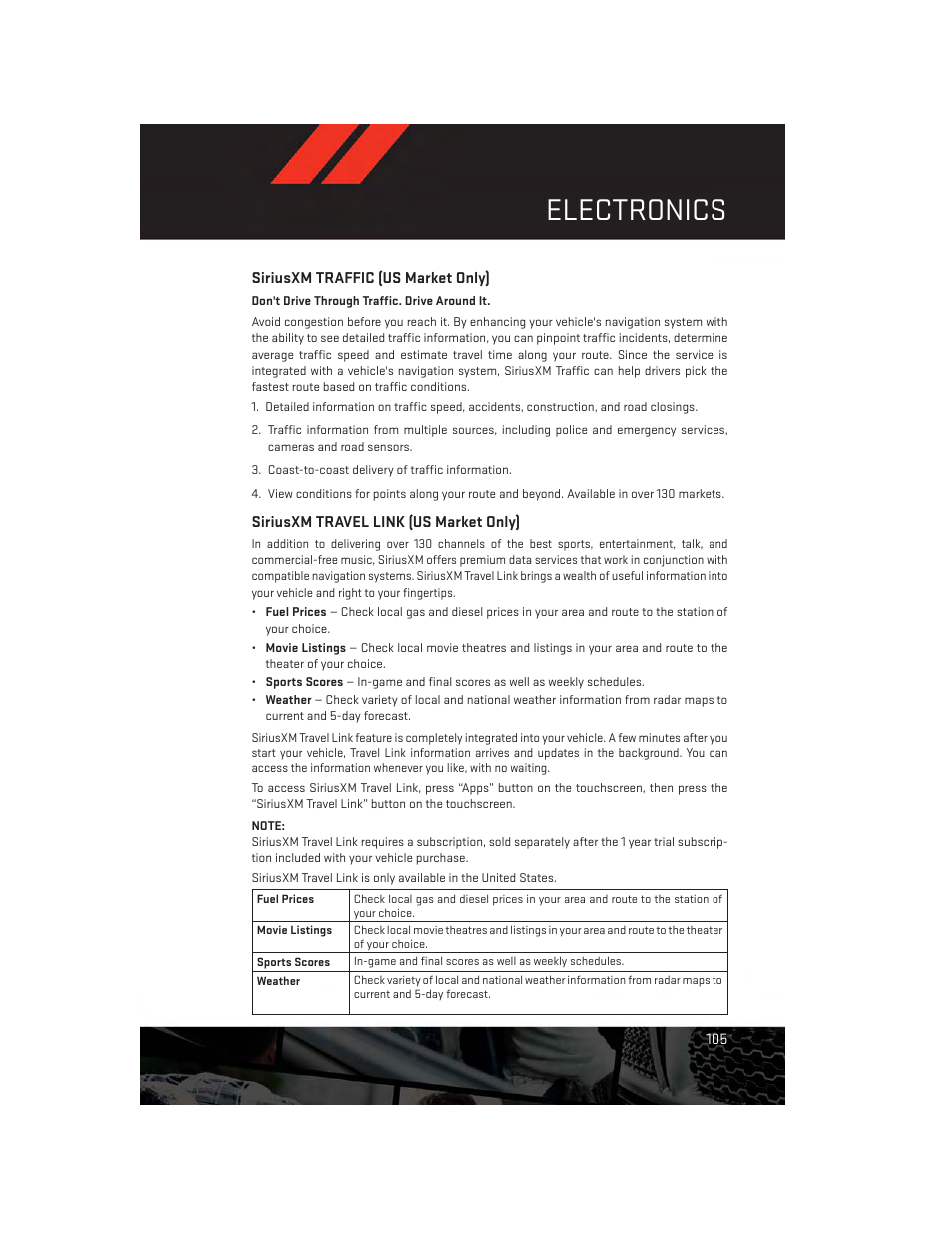 Siriusxm traffic (us market only), Siriusxm travel link (us market only), Electronics | Dodge 2014 Durango - User Guide User Manual | Page 107 / 188