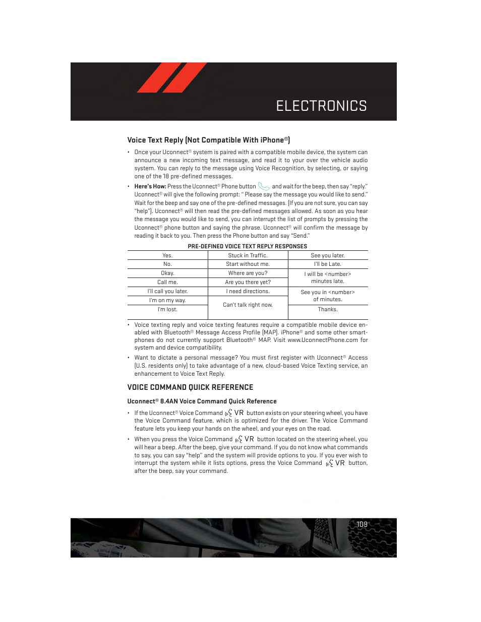 Voice text reply (not compatible with iphone®), Voice command quick reference, Electronics | Dodge 2014 Durango - User Guide User Manual | Page 111 / 188