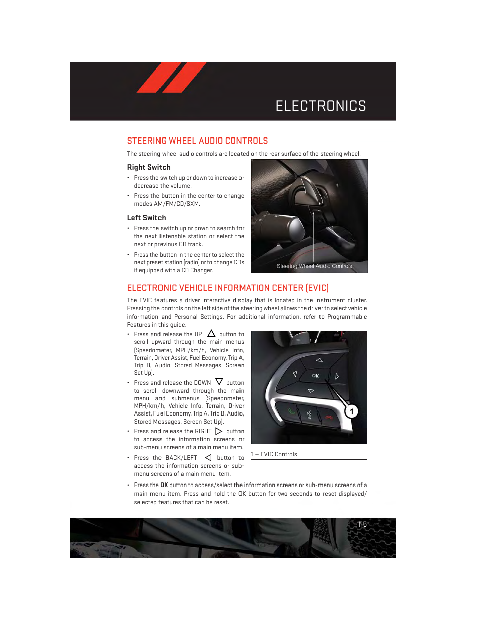 Steering wheel audio controls, Right switch, Left switch | Electronic vehicle information center (evic), Electronics | Dodge 2014 Durango - User Guide User Manual | Page 117 / 188