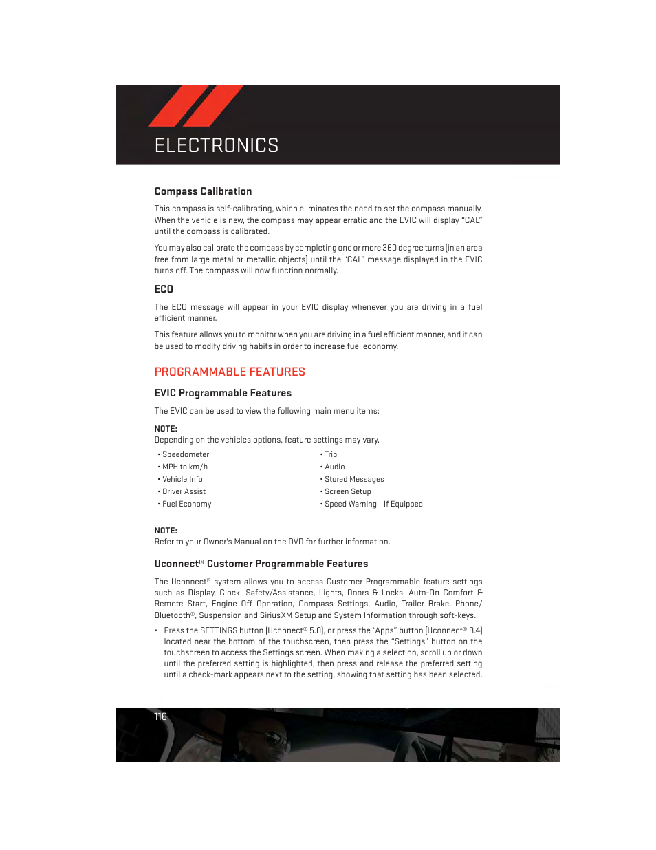 Compass calibration, Programmable features, Evic programmable features | Uconnect® customer programmable features, Electronics | Dodge 2014 Durango - User Guide User Manual | Page 118 / 188