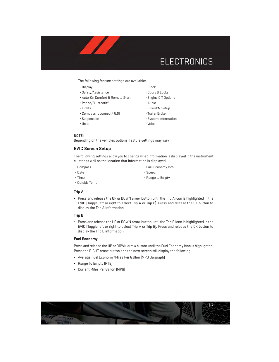 Evic screen setup, Electronics | Dodge 2014 Durango - User Guide User Manual | Page 119 / 188