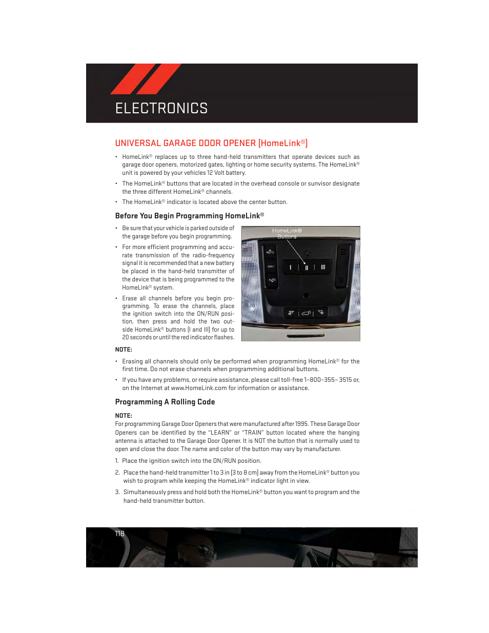 Universal garage door opener (homelink®), Before you begin programming homelink, Programming a rolling code | Electronics | Dodge 2014 Durango - User Guide User Manual | Page 120 / 188