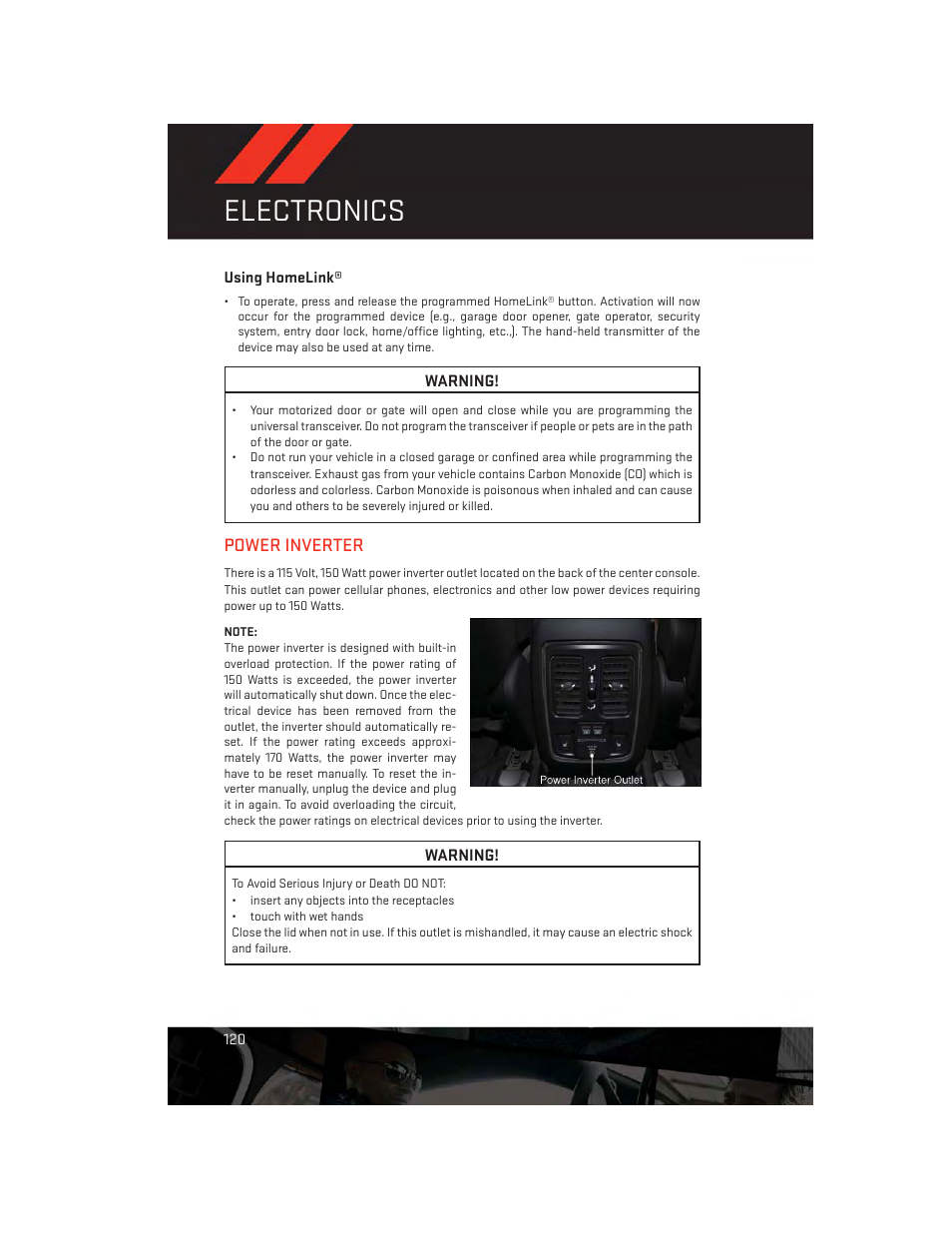 Using homelink, Power inverter, Electronics | Dodge 2014 Durango - User Guide User Manual | Page 122 / 188