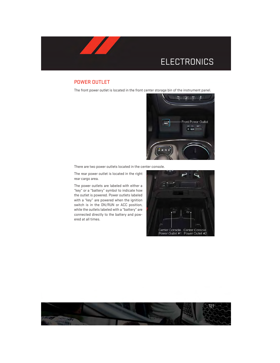 Power outlet, Electronics | Dodge 2014 Durango - User Guide User Manual | Page 123 / 188
