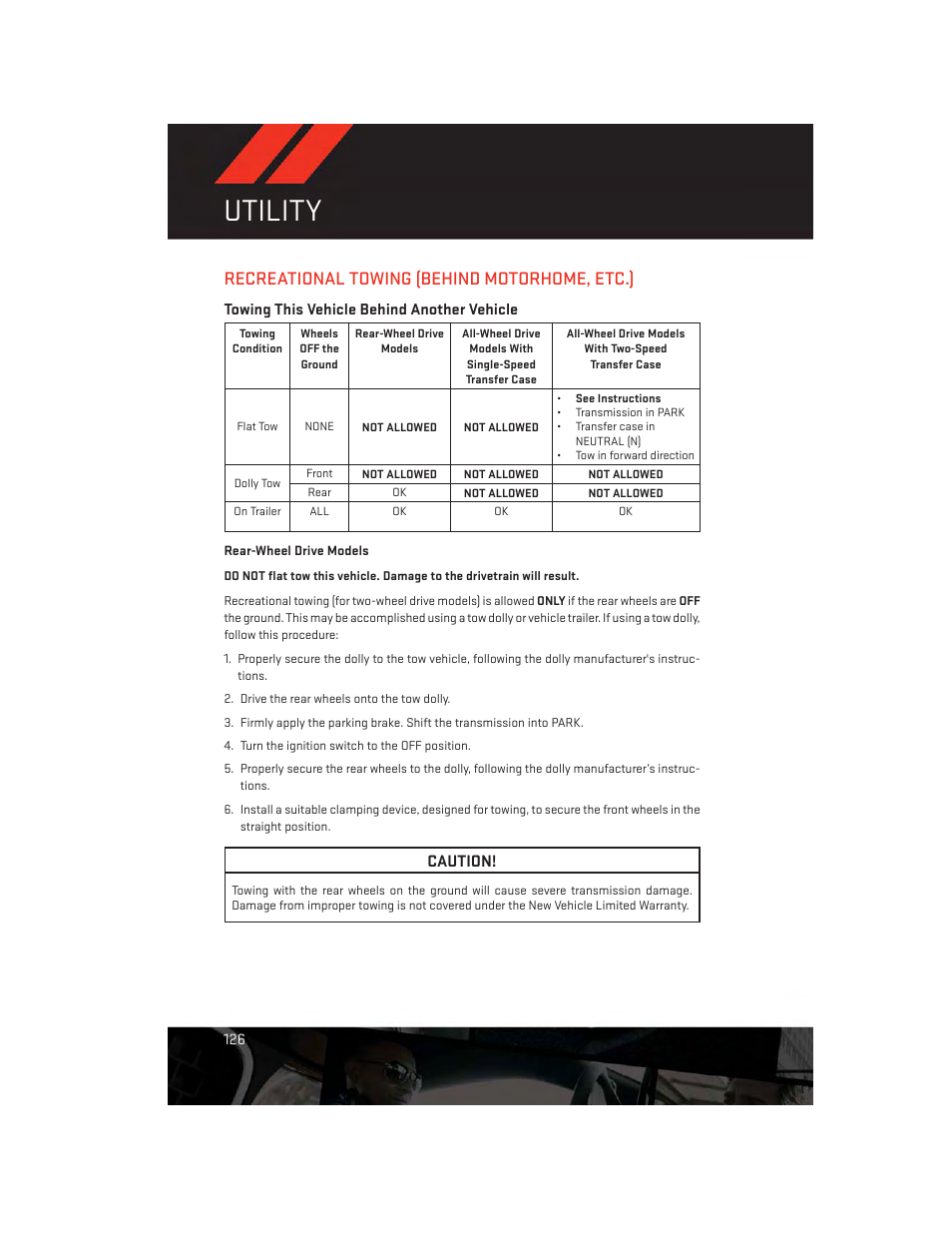 Recreational towing (behind motorhome, etc.), Towing this vehicle behind another vehicle, Utility | Caution | Dodge 2014 Durango - User Guide User Manual | Page 128 / 188