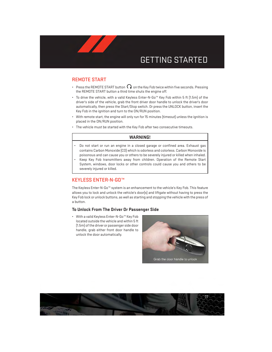 Remote start, Keyless enter-n-go, To unlock from the driver or passenger side | Remote start keyless enter-n-go, Getting started | Dodge 2014 Durango - User Guide User Manual | Page 13 / 188