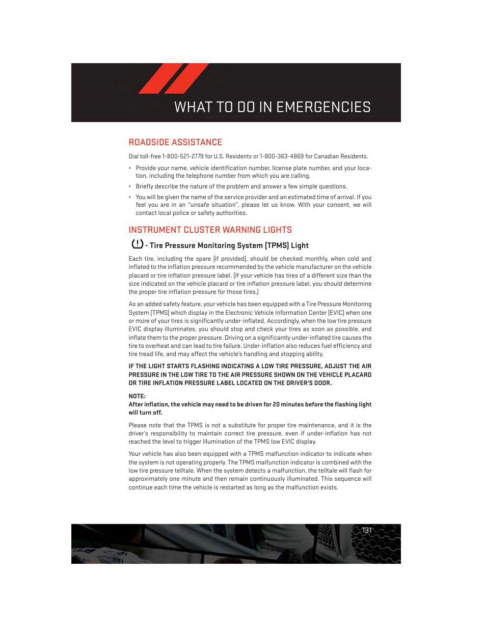 What to do in emergencies, Roadside assistance, Instrument cluster warning lights | Tire pressure monitoring system (tpms) light | Dodge 2014 Durango - User Guide User Manual | Page 133 / 188