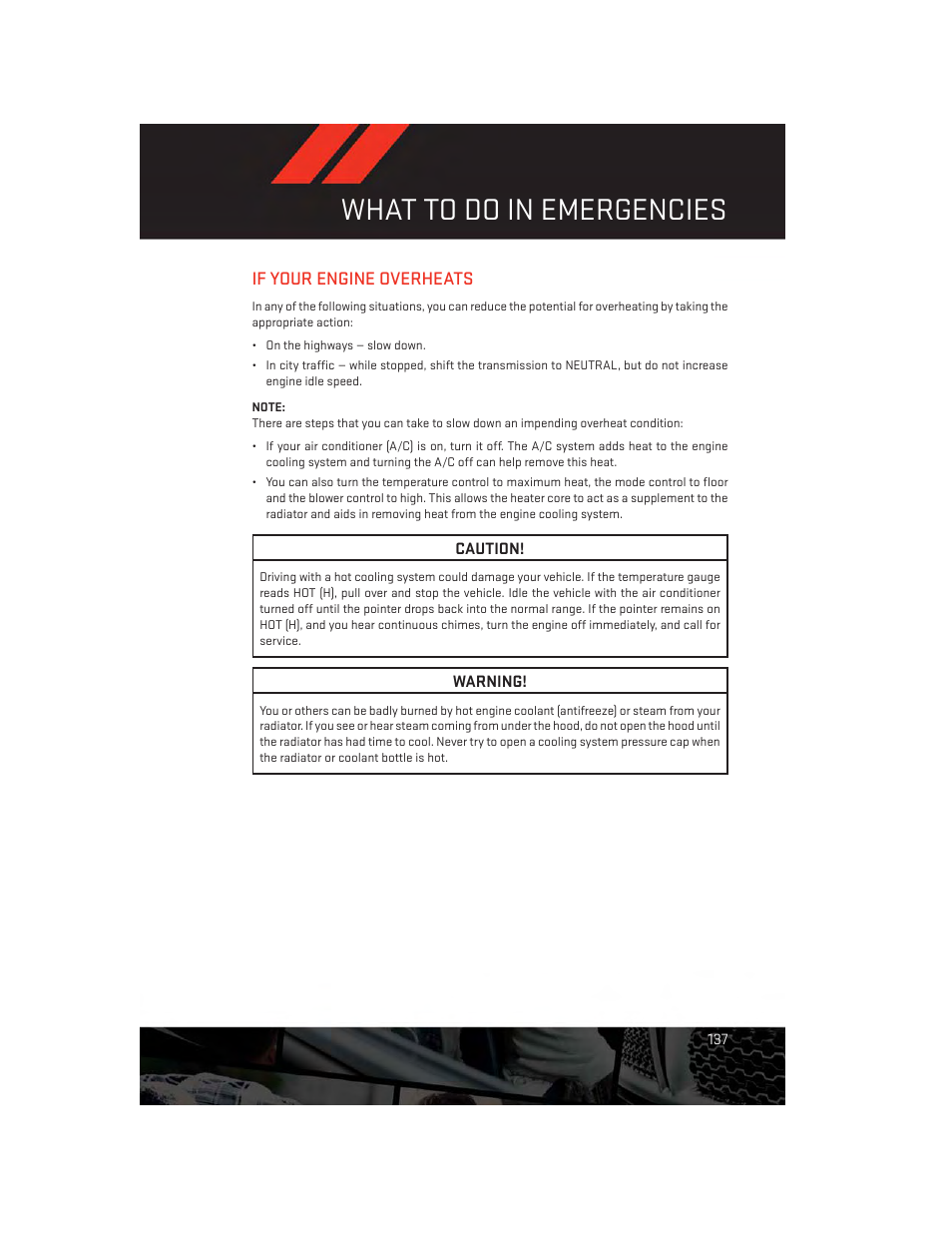 If your engine overheats, What to do in emergencies | Dodge 2014 Durango - User Guide User Manual | Page 139 / 188