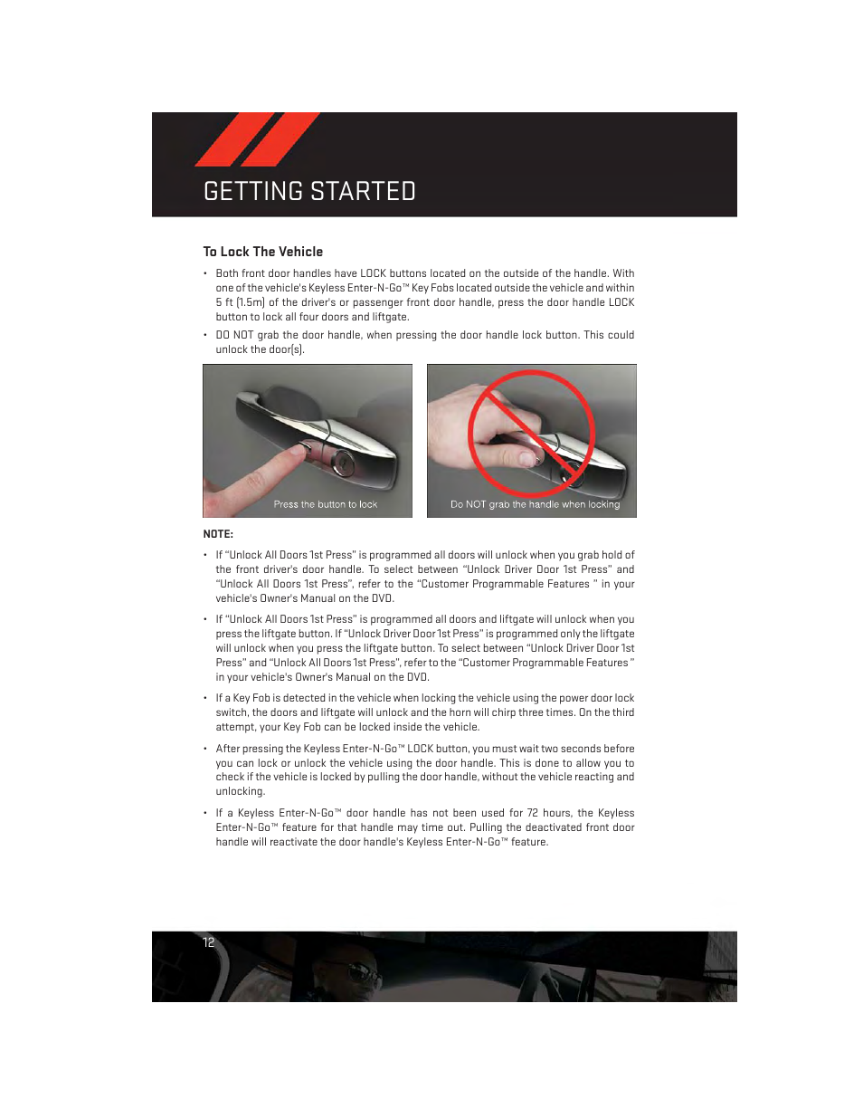 To lock the vehicle, Getting started | Dodge 2014 Durango - User Guide User Manual | Page 14 / 188