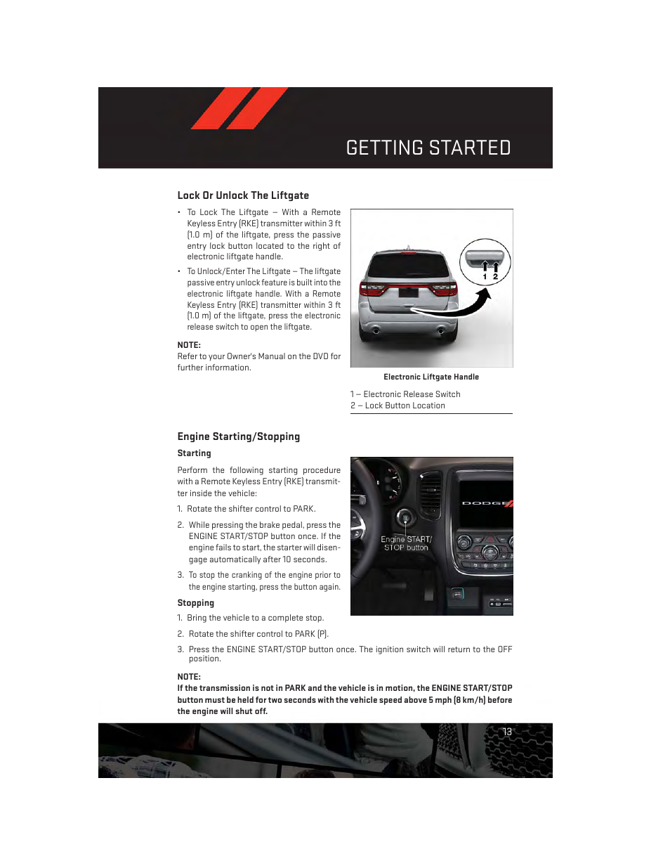 Lock or unlock the liftgate, Engine starting/stopping, Getting started | Dodge 2014 Durango - User Guide User Manual | Page 15 / 188