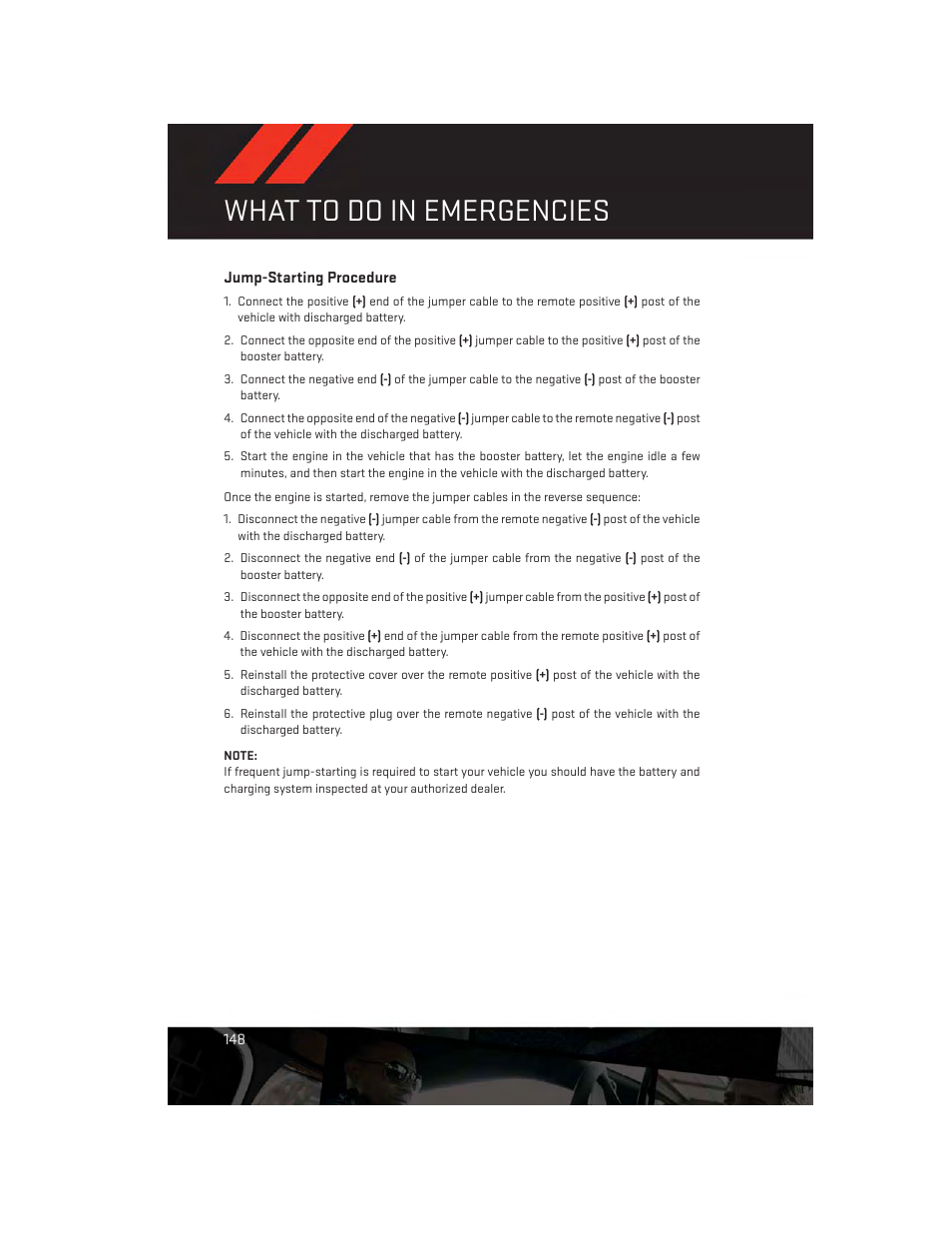 Jump-starting procedure, What to do in emergencies | Dodge 2014 Durango - User Guide User Manual | Page 150 / 188