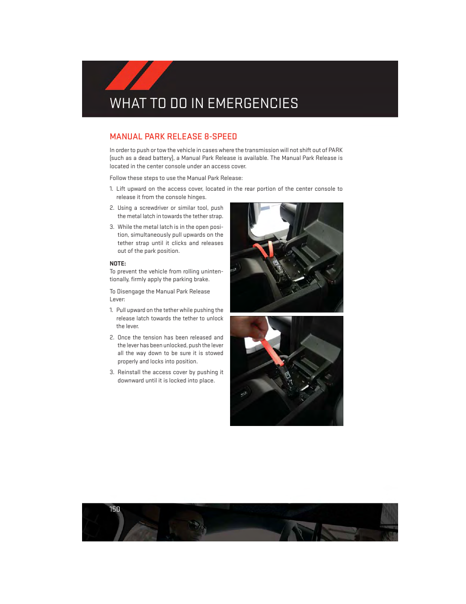 Manual park release 8-speed, What to do in emergencies | Dodge 2014 Durango - User Guide User Manual | Page 152 / 188