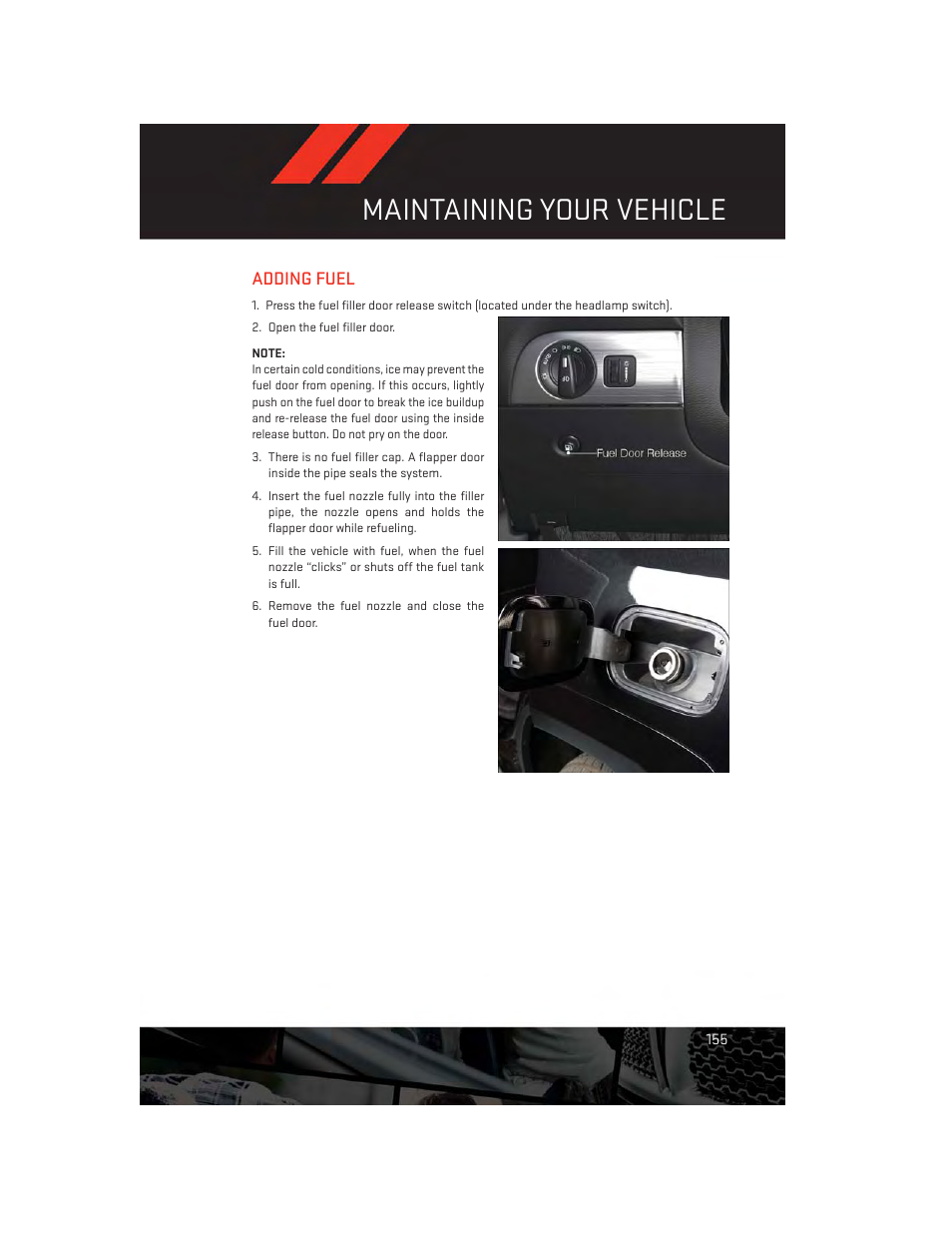 Adding fuel, Maintaining your vehicle | Dodge 2014 Durango - User Guide User Manual | Page 157 / 188