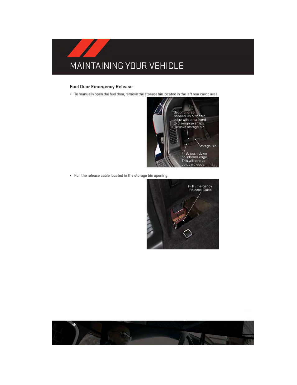 Fuel door emergency release, Maintaining your vehicle | Dodge 2014 Durango - User Guide User Manual | Page 158 / 188