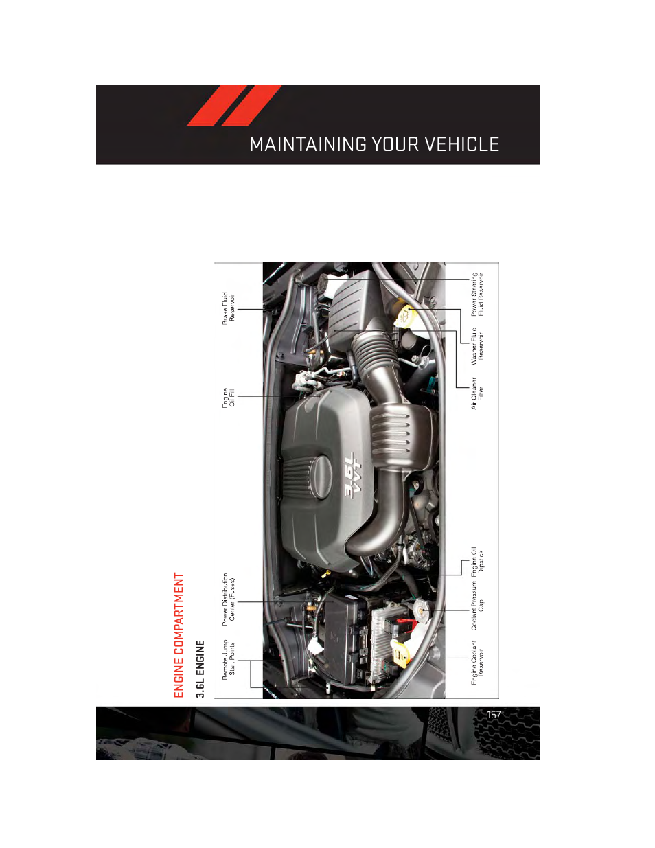 Engine compartment, 6l engine, Maintaining your vehicle | Dodge 2014 Durango - User Guide User Manual | Page 159 / 188