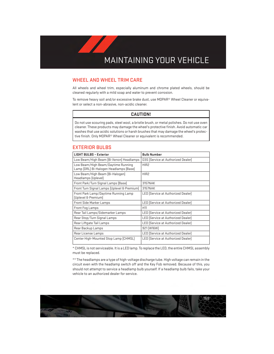 Wheel and wheel trim care, Exterior bulbs, Maintaining your vehicle | Caution | Dodge 2014 Durango - User Guide User Manual | Page 171 / 188