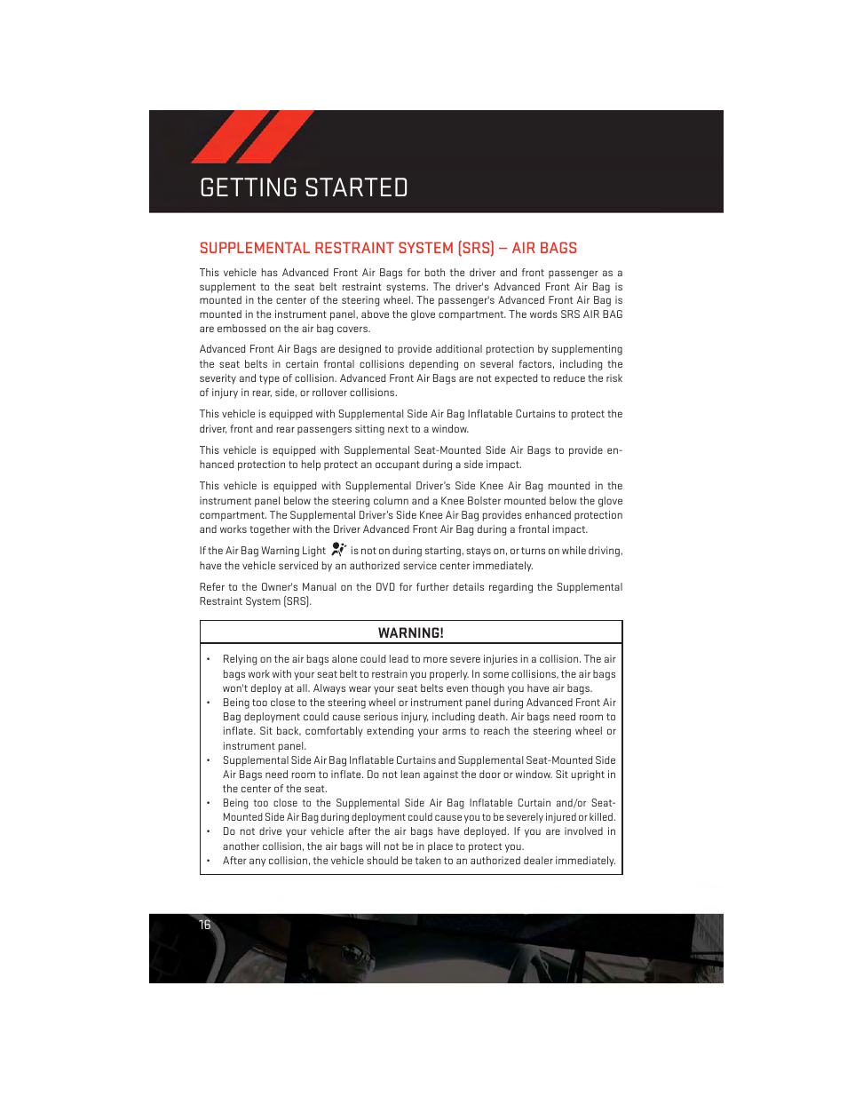 Supplemental restraint system (srs) — air bags, Getting started | Dodge 2014 Durango - User Guide User Manual | Page 18 / 188