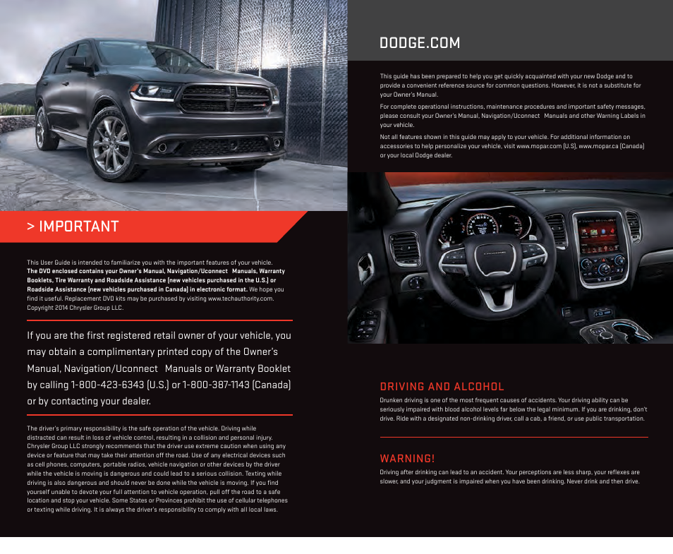 Important, Warning, Driving and alcohol | Dodge 2014 Durango - User Guide User Manual | Page 187 / 188