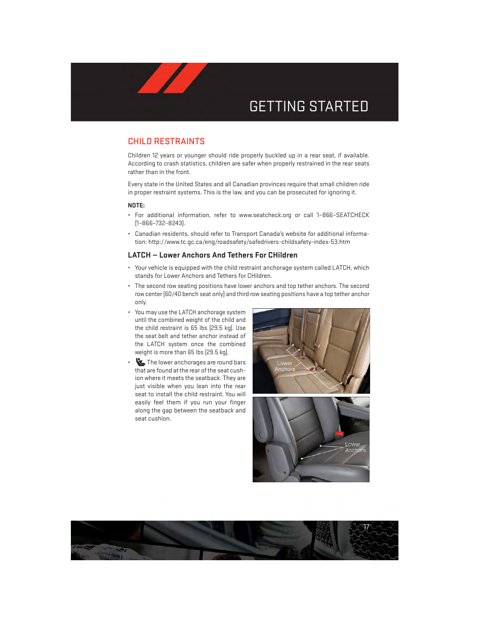 Child restraints, Latch — lower anchors and tethers for children, Getting started | Dodge 2014 Durango - User Guide User Manual | Page 19 / 188