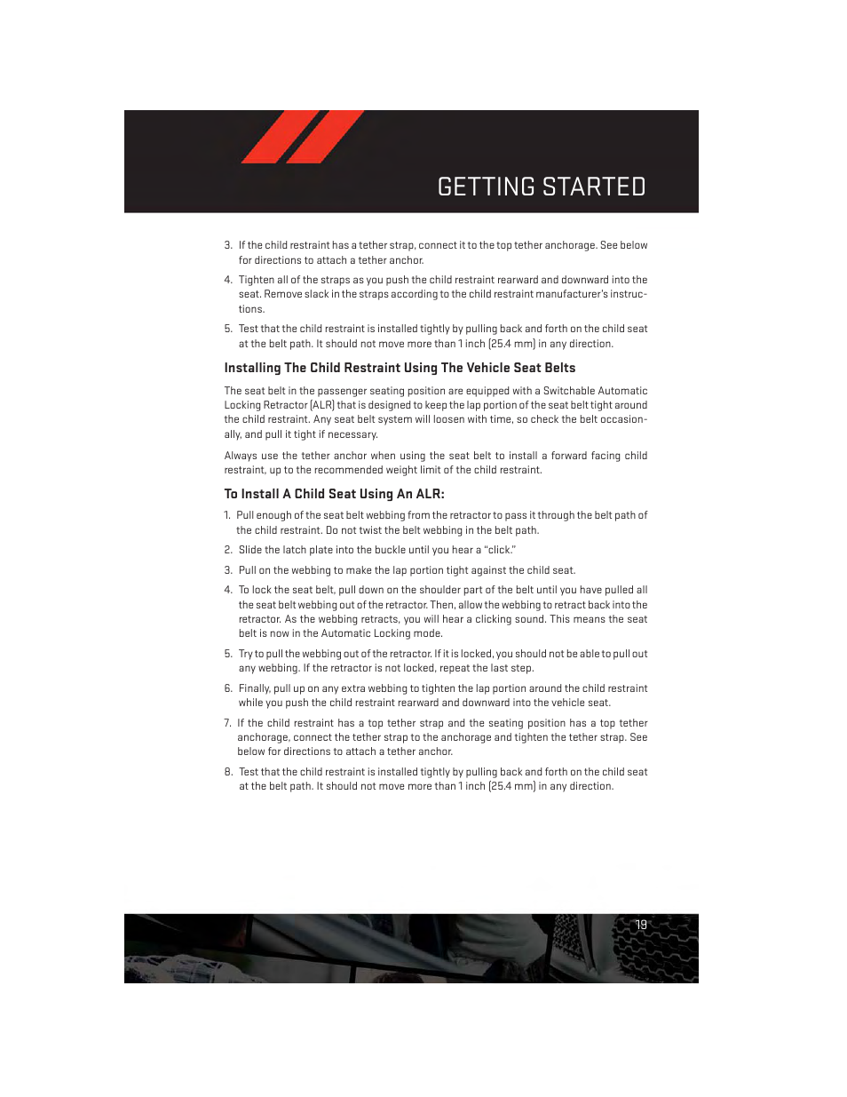 To install a child seat using an alr, Getting started | Dodge 2014 Durango - User Guide User Manual | Page 21 / 188