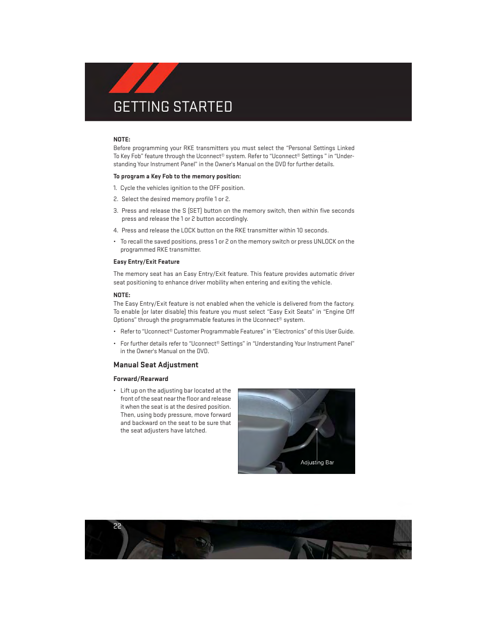 Manual seat adjustment, Getting started | Dodge 2014 Durango - User Guide User Manual | Page 24 / 188