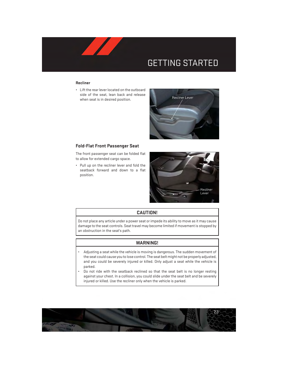 Fold-flat front passenger seat, Getting started | Dodge 2014 Durango - User Guide User Manual | Page 25 / 188