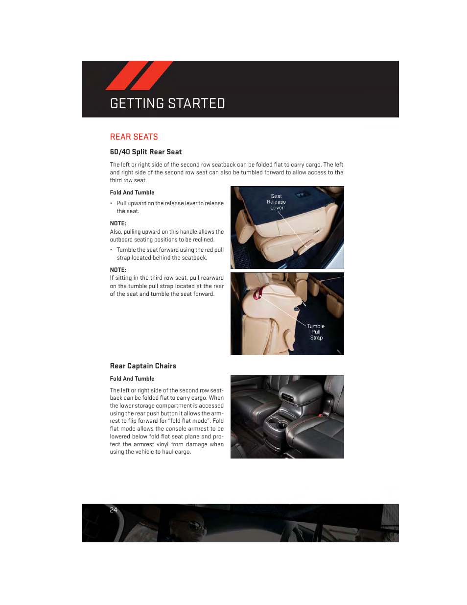 Rear seats, 60/40 split rear seat, Rear captain chairs | Getting started | Dodge 2014 Durango - User Guide User Manual | Page 26 / 188