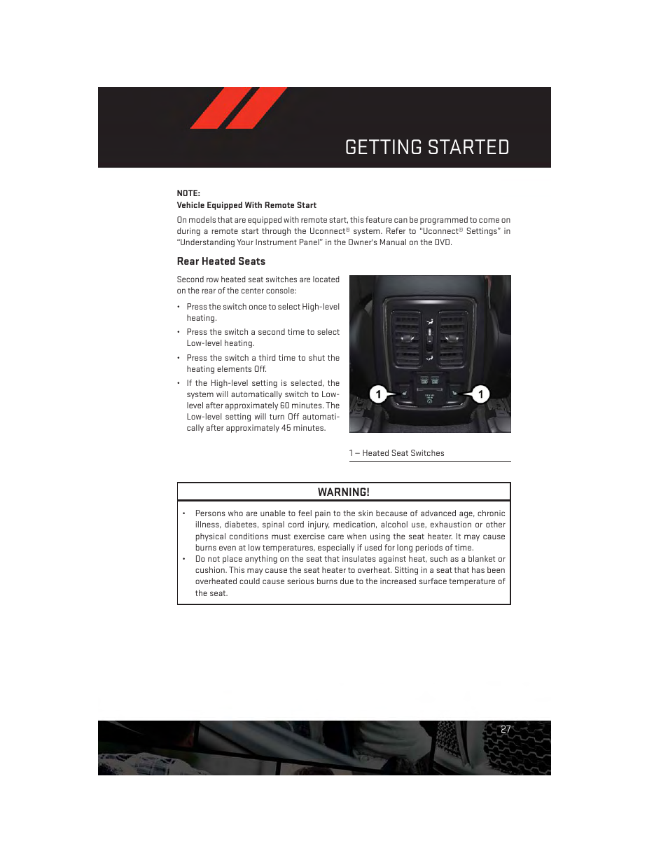 Rear heated seats, Getting started | Dodge 2014 Durango - User Guide User Manual | Page 29 / 188