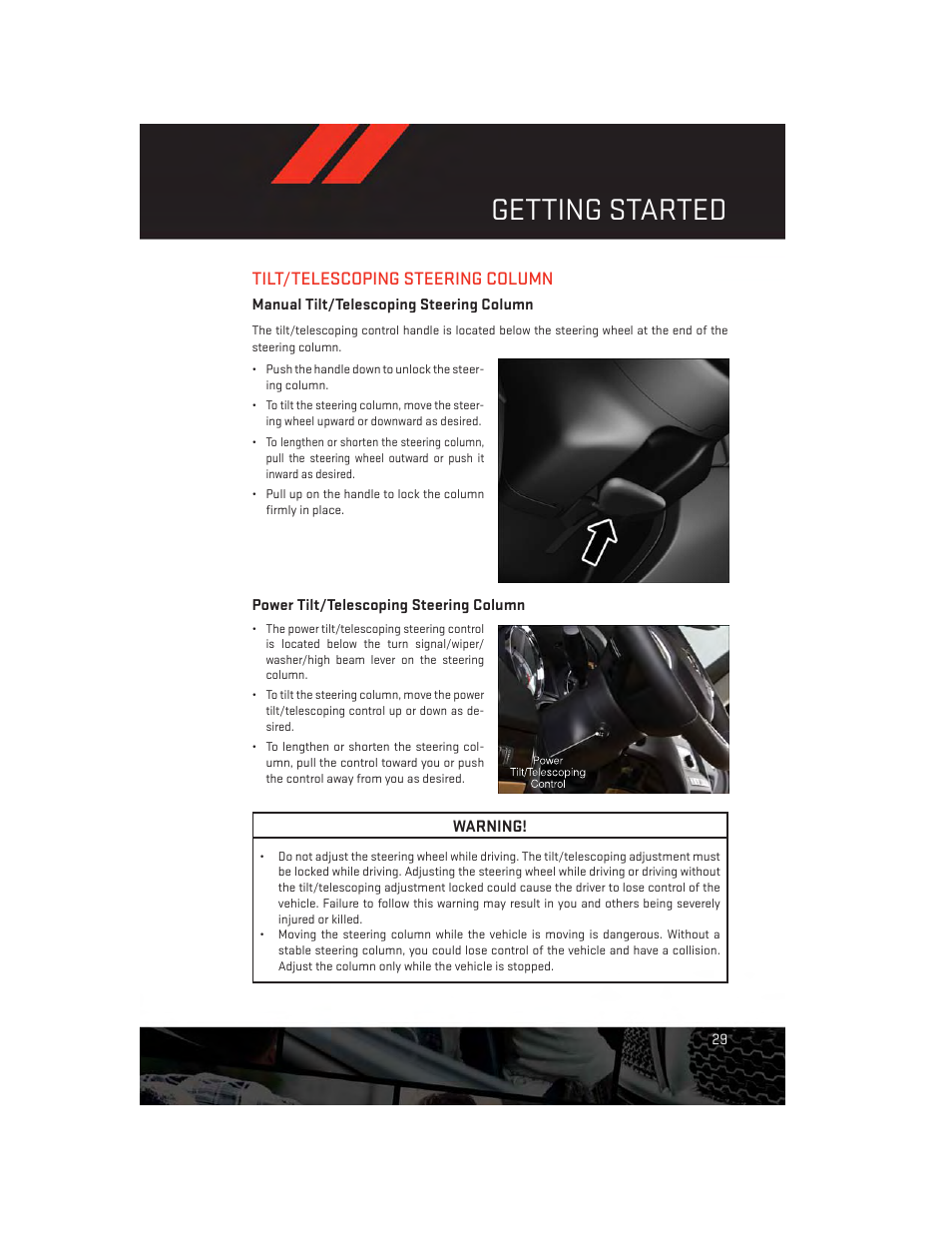 Tilt/telescoping steering column, Manual tilt/telescoping steering column, Power tilt/telescoping steering column | Getting started | Dodge 2014 Durango - User Guide User Manual | Page 31 / 188