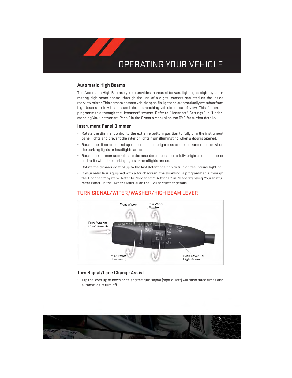 Automatic high beams, Instrument panel dimmer, Turn signal/wiper/washer/high beam lever | Turn signal/lane change assist, Operating your vehicle | Dodge 2014 Durango - User Guide User Manual | Page 33 / 188