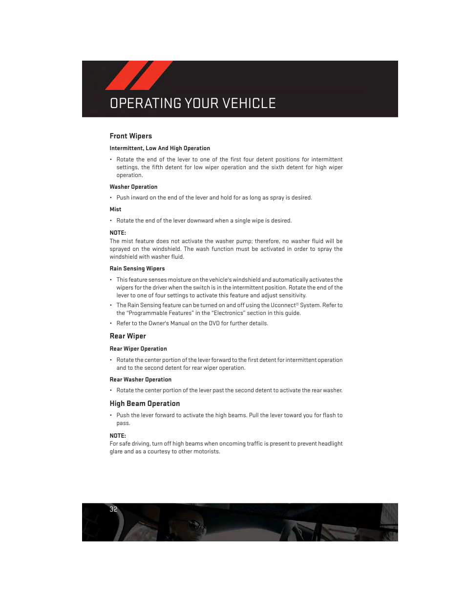 Front wipers, Rear wiper, High beam operation | Operating your vehicle | Dodge 2014 Durango - User Guide User Manual | Page 34 / 188