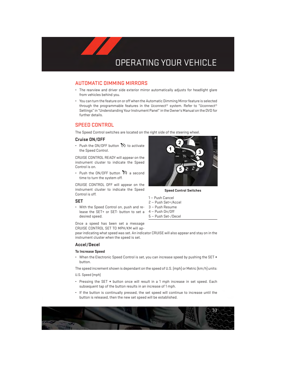 Automatic dimming mirrors, Speed control, Cruise on/off | Accel/decel, Operating your vehicle | Dodge 2014 Durango - User Guide User Manual | Page 35 / 188